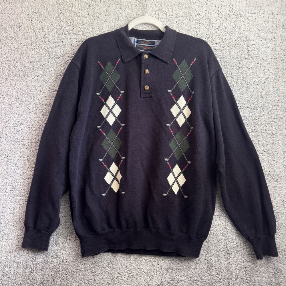 Tommy Hilfiger Golf Mens L Navy Argyle Cotton Polo Sweater Preppy Golf Clubs